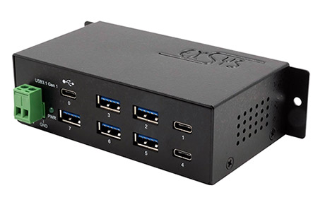 USB 10Gbps hub USB C(F) -> 2x USB C(F) + 5x USB3.0 A(F), průmyslový, na DIN lištu (EX-1196HMS)