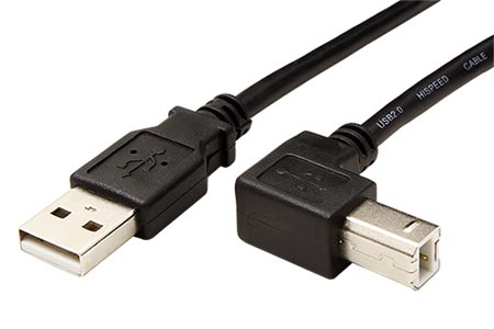 USB 2.0 kabel A-B, 2m, černý, lomený konektor B