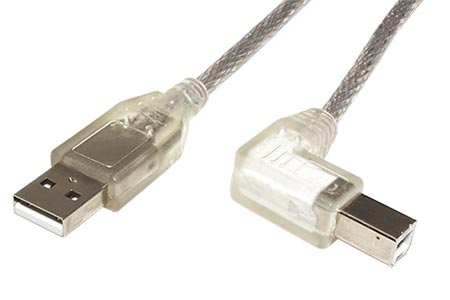 USB 2.0 kabel USB A(M) - USB B(M) lomený vlevo, 2m, transparentní
