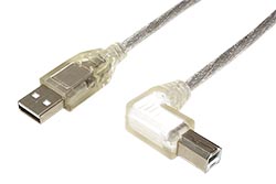 USB 2.0 kabel USB A(M) - USB B(M) lomený vpravo, 1m, transparentní