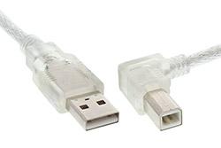 USB 2.0 kabel USB A(M)- USB B(M) lomený vpravo, 2m, transparentní