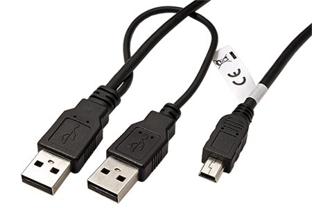 USB 2.0 Y kabel 2x USB A(M) - miniUSB 5pinB(M), černý, 1,8m