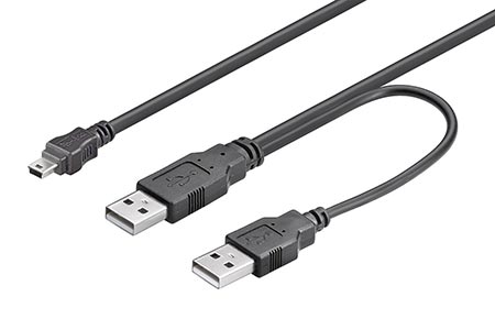 USB 2.0 Y kabel 2x USB A(M) - miniUSB 5pinB(M), černý, 1m