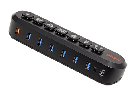 USB 5Gbps Hub, 7x USB3.0 A(F), vypínače portů, výměnná tlačítka, se zdrojem
