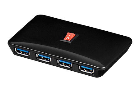 USB 5Gbps (USB 3.0) Hub, 4x USB3.0 A(F), vypínač, se zdrojem, černý