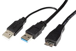USB 5Gbps Y kabel 2x USB 3.0 A(M) - microUSB 3.0 B(M), 1,5m, černý