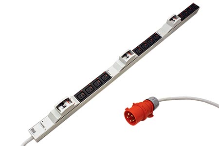 Vertikální napájecí panel 12x IEC320 C19, 3m, 6x jistič, vidlice IEC 60309 3x32A (800.0100)