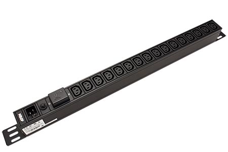 Vertikální napájecí panel 16x C13, vstup C20, přepěťová ochrana, + kabel 3m (PE0216SG)