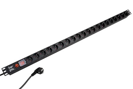 Vertikální napájecí panel, 20x zásuvka CZ, jistič, vypínač, černý, 1,8m