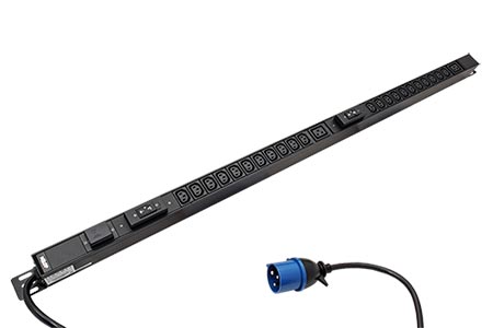 Vertikální napájecí panel 22x C13 + 2x C19, vidlice IEC 60309 32A, 3m, přepěťová ochrana (PE0324SG)