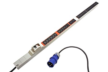 Vertikální napájecí panel 24x IEC320 C13, 4x IEC320 C19, 2x jistič, 3m, vidlice IEC 60309 32A, alu (800.2336)