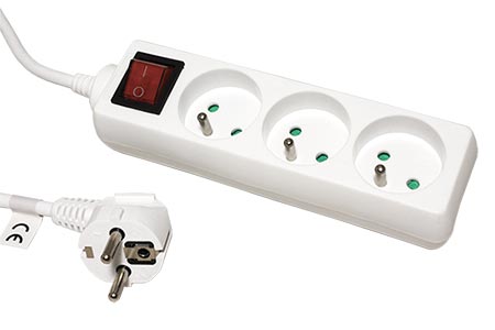 Vícenásobná zásuvka 230V/10A, 3x zásuvka CZ, CEE 7/7(M) - 3x 7/5(F), vypínač, bílá, 2m