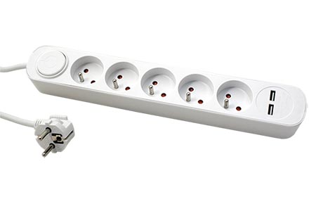 Vícenásobná zásuvka 230V/10A, 5x zásuvka CZ, CEE 7/7(M) - 5x 7/5(F), vypínač, 2x USB, bílá, 3m