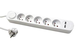 Vícenásobná zásuvka 230V/10A, 5x zásuvka CZ, CEE 7/7(M) - 5x 7/5(F), vypínač, 2x USB, bílá, 3m