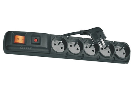Vícenásobná zásuvka 230V/10A, 5x zásuvka CZ, CEE 7/7(M) - 5x 7/5(F), vypínač, přepěťová ochrana, 3m