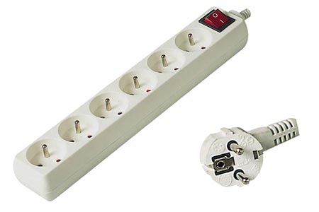 Vícenásobná zásuvka 230V/10A, 6x zásuvka CZ, CEE 7/7(M) - 6x 7/5(F), vypínač, bílá, 10m