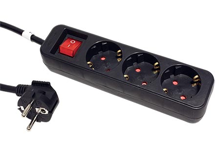 Vícenásobná zásuvka 230V/16A, 3x zásuvka DE, CEE 7/7(M) - 3x 7/3(F), vypínač, černá, 6m