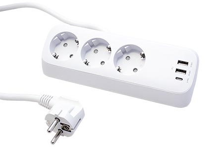 Vícenásobná zásuvka 230V/16A, 3x zásuvka DE, zdroj 32W (2x USB A + C), bílá, držák na stůl, 1,5m