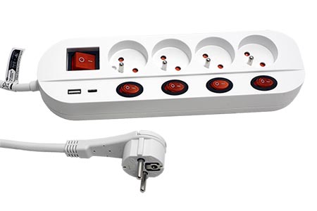 Vícenásobná zásuvka 230V/16A, 4x zásuvka CZ, 3 + 1 vypínač, zdroj USB A + C, bílá, 1,5m