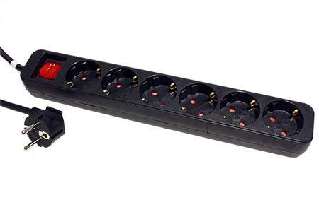 Vícenásobná zásuvka 230V/16A, 6x zásuvka DE, CEE 7/7(M) - 6x 7/3(F), vypínač, černá, 10m